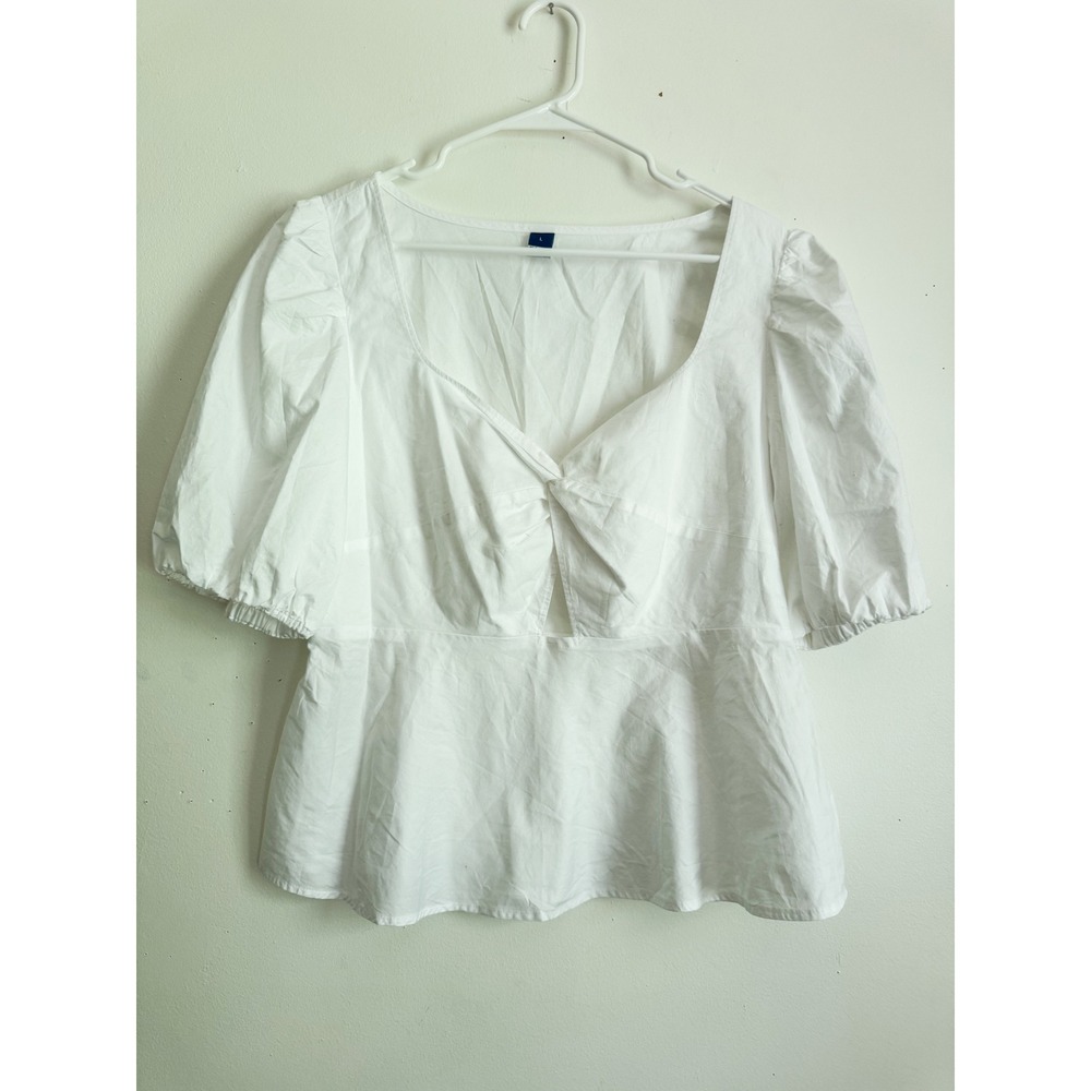Old Navy White Cotton Puff Sleeve Peplum Blouse Twist Front Cottagecore Top L